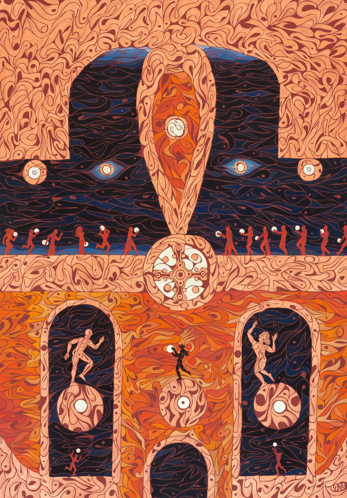 Painting by David Sahakyants in orange tones with figures on spheres.
