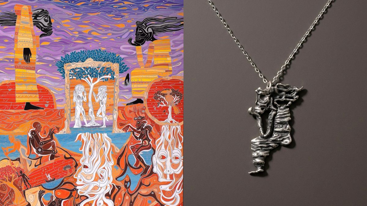 A painting by David Sahakyants beside the pendant made from one of its figures.