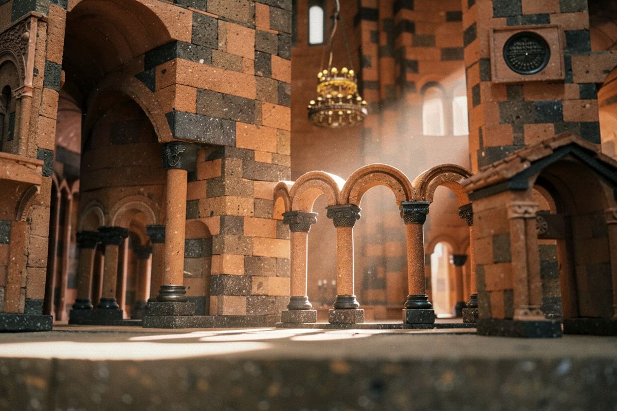 Interior de la maqueta en toba de la catedral de Zvartnots: arcadas, una lámpara y rayos de luz.