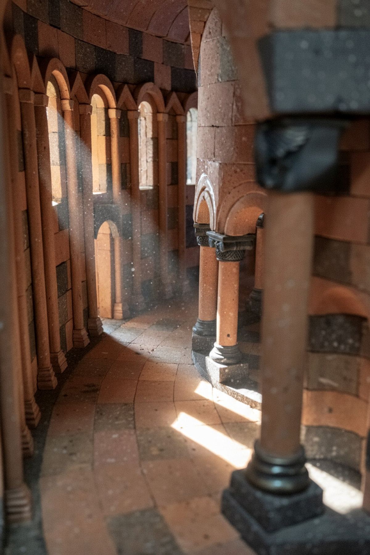 Inside the Zvartnots maquette: a curved gallery of tufa columns crossed by sunbeams.