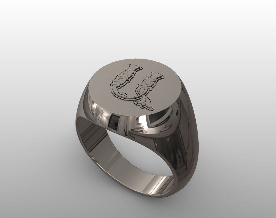 3D render of a signet ring with the Armenian letter Ա in ornamental relief.